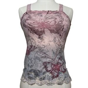 Vintage Limited Too Butterfly Graphic Lace Trim Cami Tank Top Pink Purple Y2K